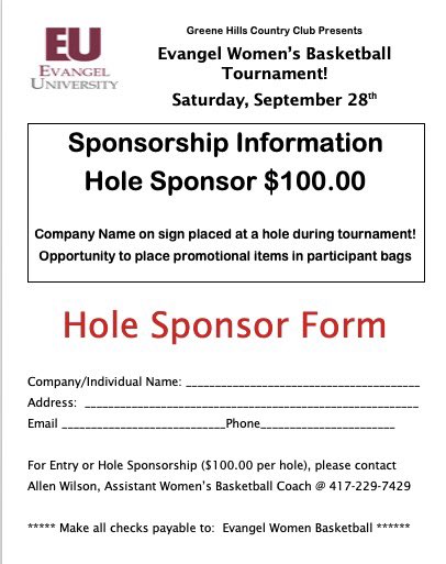 EvangelWBB's tweet photo. We will be having our 2nd Annual Evangel Women’s Basketball G⛳️lf Tournament! If you are interested in a hole sponsorship or putting a team in, please let us know!

When: September 28th, 2019
Location: Springfield, Missouri
Greene Hills Country Club https://t.co/bc2U98oO6y