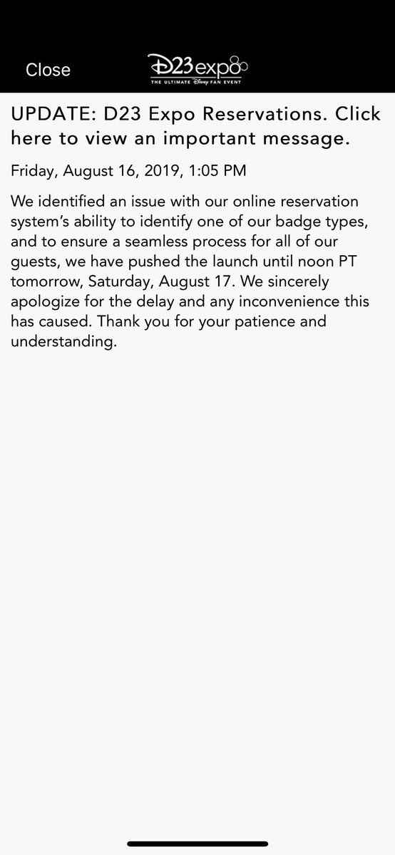 DAPs_Magic's tweet photo. Important note for guests trying to make #D23Expo reservation. The window has now been pushed back to tomorrow at noon PST https://t.co/eYi3zhzg6k