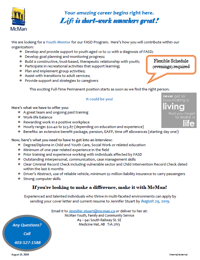 A position has opened up in our FASD Program! Check out the posting here or visit our website mcmansouth.ca/jobs.html.  The deadline to apply for this opportunity is August 29th. #jobs #medhat