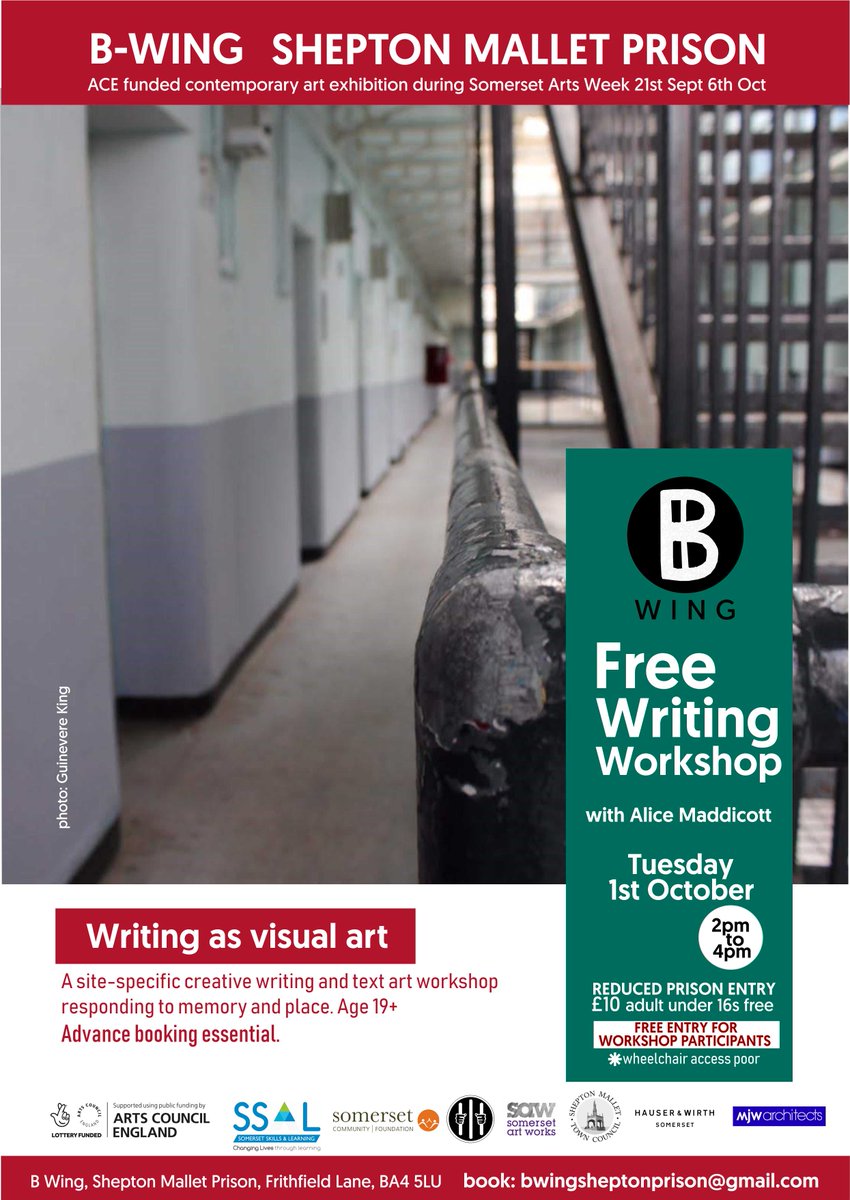 bwing2019's tweet photo. Amazing opportunities #freewritingworkshops wth #freeprisonentry @SAW_Somerset #artweeksfestival #sheptonmalletprison Priority given to #sheptonmallet residents. Pls RT @RadioShepton @FutureShepton @SheptonNews @SMTIC @smu3a @MalletMens #wellslitfest bwingsheptonprison@gmail.com https://t.co/eivja1i7e9