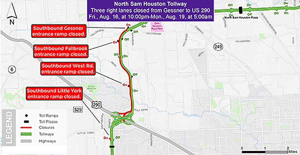 HCTRA's tweet photo. Major closure of the three right lanes on the North Sam Houston Tollway between the southbound Gessner on ramp and the US 290 beginning Fri., Aug 16, at 10pm-Mon., Aug. 19, at 5am. This closure includes the SB Gessner, Fallbrook, West Rd. and Little York on ramps. https://t.co/4sUCaszkAc