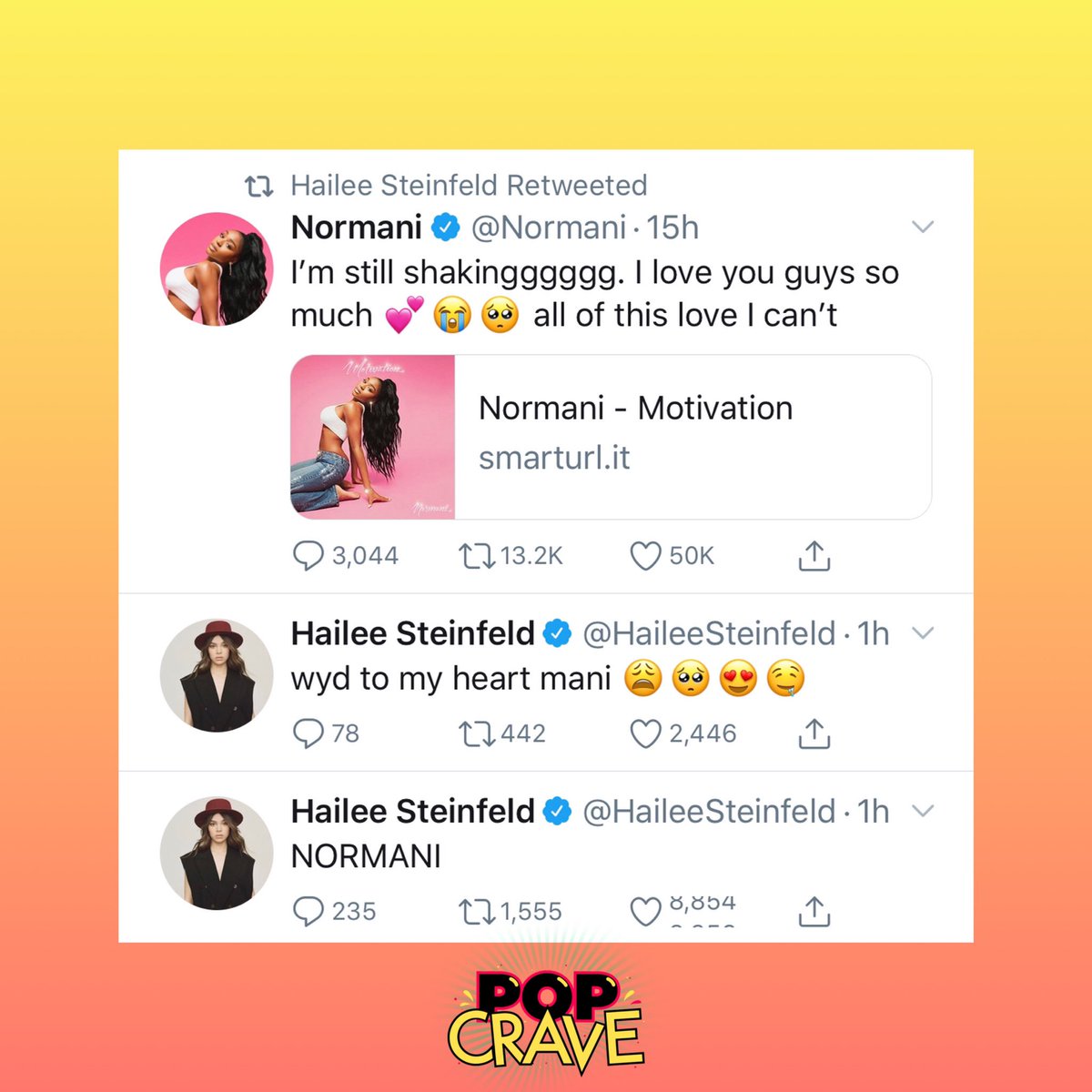 . @HaileeSteinfeld shows support for  @Normani on Twitter:“wyd to my heart mani”