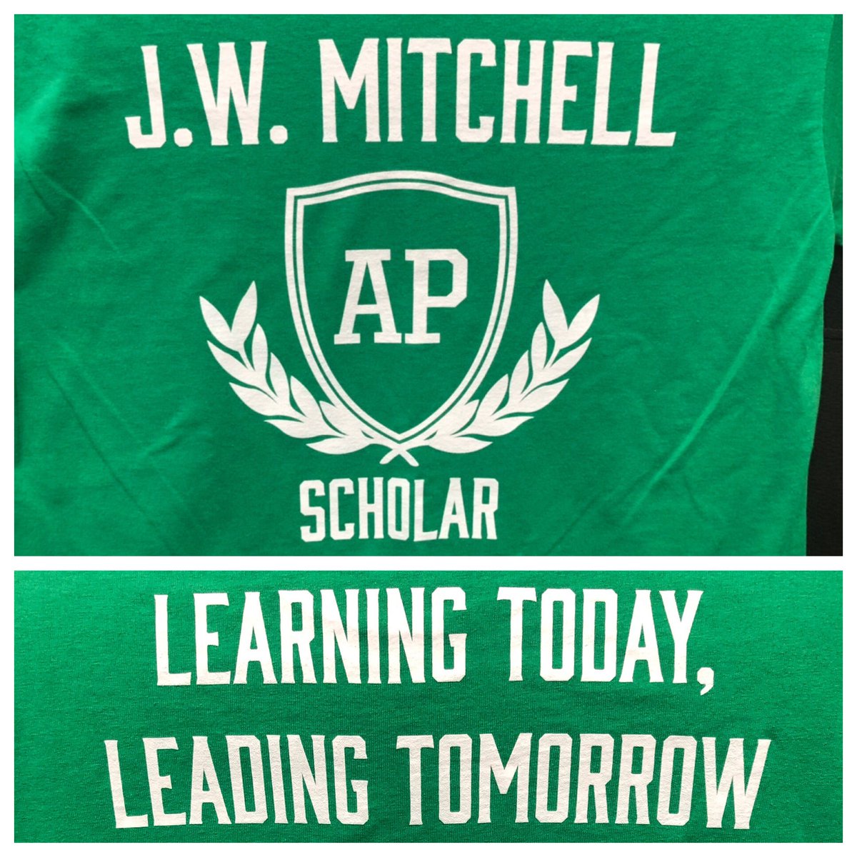 JWMHS_cortier's tweet photo. @Jwmhs AP Scholar t-shirts are in!  Get yours next week for $10. You can prepay online on Monday via Rycor or bring cash/check to the office during lunches. #ScholarGreen #5sAwait https://t.co/6bRYxD2sjj