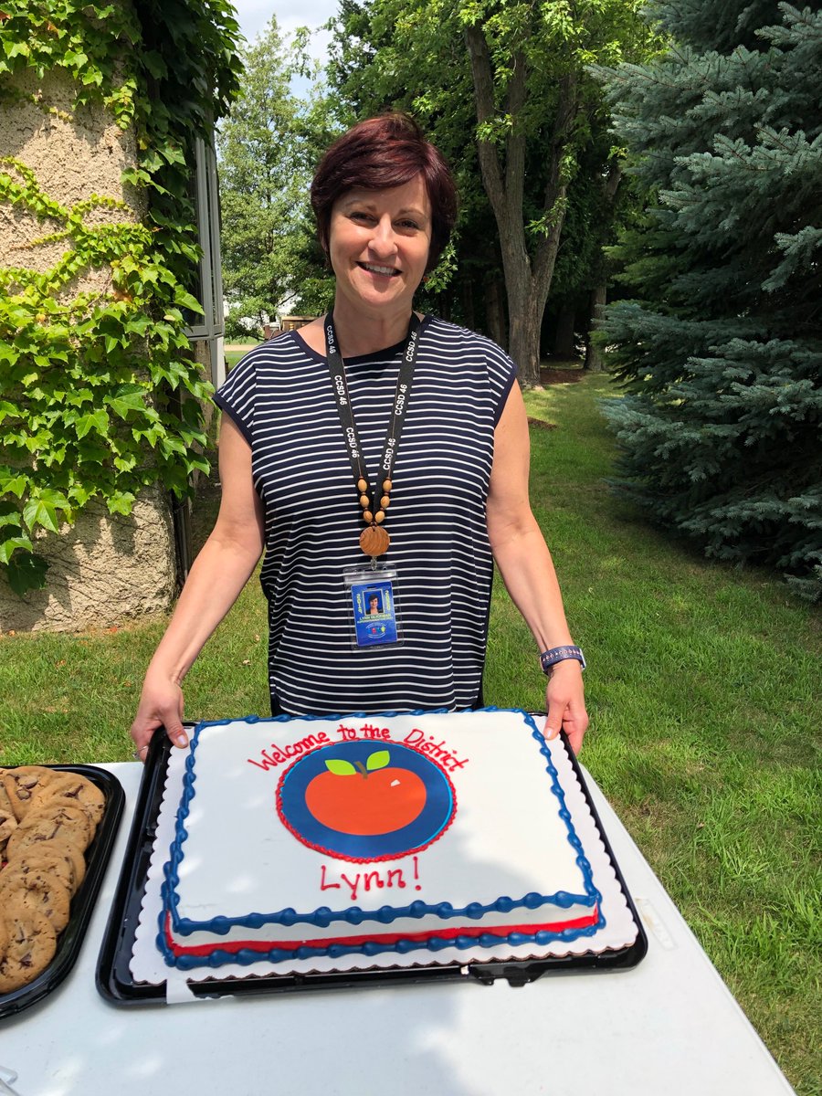 CCSD46's tweet photo. It's officially official when there's a cake! District personnel gathered for a last BBQ lunch of the summer and honored our new Superintendent Dr. Lynn Glickman with a welcome cake. #OneD46 #OneDistrictOneDirection https://t.co/TiFlWq9EP5