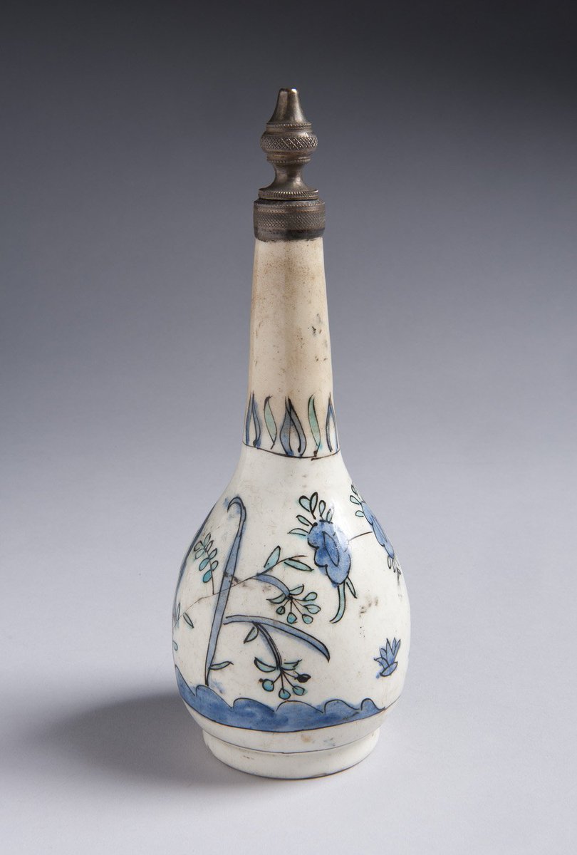 ON DISPLAY! This elegant Kutahya rose water flask from the 18th century is an object of interconnectedness. Blue and white chinese porcelain technique combined with Persian and Indian designs and form express the multicultural exchange of the Silk Road.  armenianmuseum.org/visit