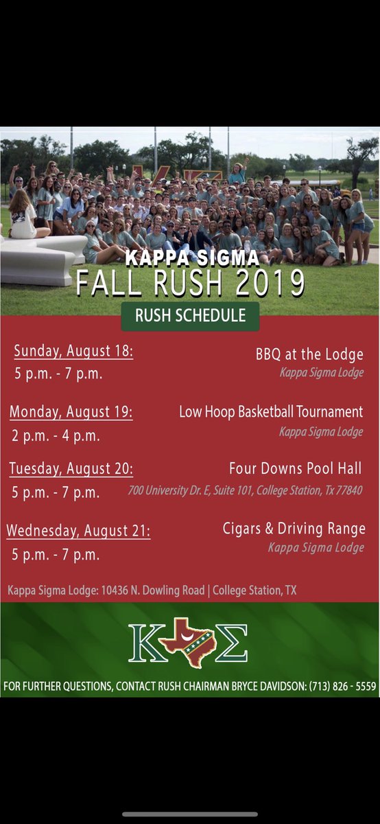The brothers of Kappa Sigma would like to invite you to our formal rush events, beginning Sunday! If you have any questions, do not hesitate to contact our rush chairman, Bryce Davidson at (713) 826-5559. Gig' em! #kappasigma #RushΚΣ