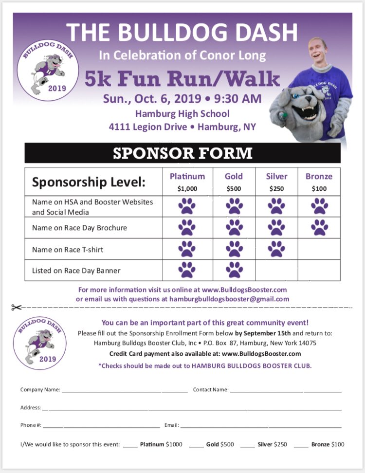 Online Registration &amp; Sponsorship Opportunities are OPEN for the 
2019 The Bulldog Dash 5k/Fun Run
In Celebration of Conor Long
Sun. October 6, 2019
9:30am-Start &amp; End at Howe Field!
Visit bulldogsbooster.com for info!