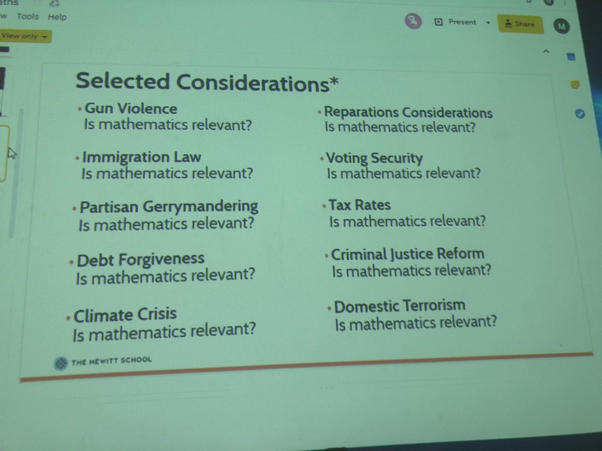 NicoleSFletcher's tweet photo. @benjamindickman @RG1gal Gun Violence. Immigration law. Climate crisis. Reparations. Criminal justice. Domestic terrorism.
Is math relevant? #DisruptMaths
https://t.co/6Du2N1yMjj https://t.co/n68dicKBdB