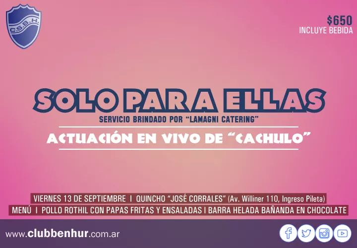 clubbenhur's tweet photo. 🐺 #Institucional. Gran cena de mujeres en #BenHur, vuelve #SoloParaEllas. #TeEsperamos el próximo viernes 13 de septiembre en el Quincho #JoséCorrales. Actuación especial de #Cachulo. Adquirí tu tarjeta en la #Secretaría de la #BH o al #Te15319227 (solo WhatsApp). #VamosLobas https://t.co/MsgYGHzhwh