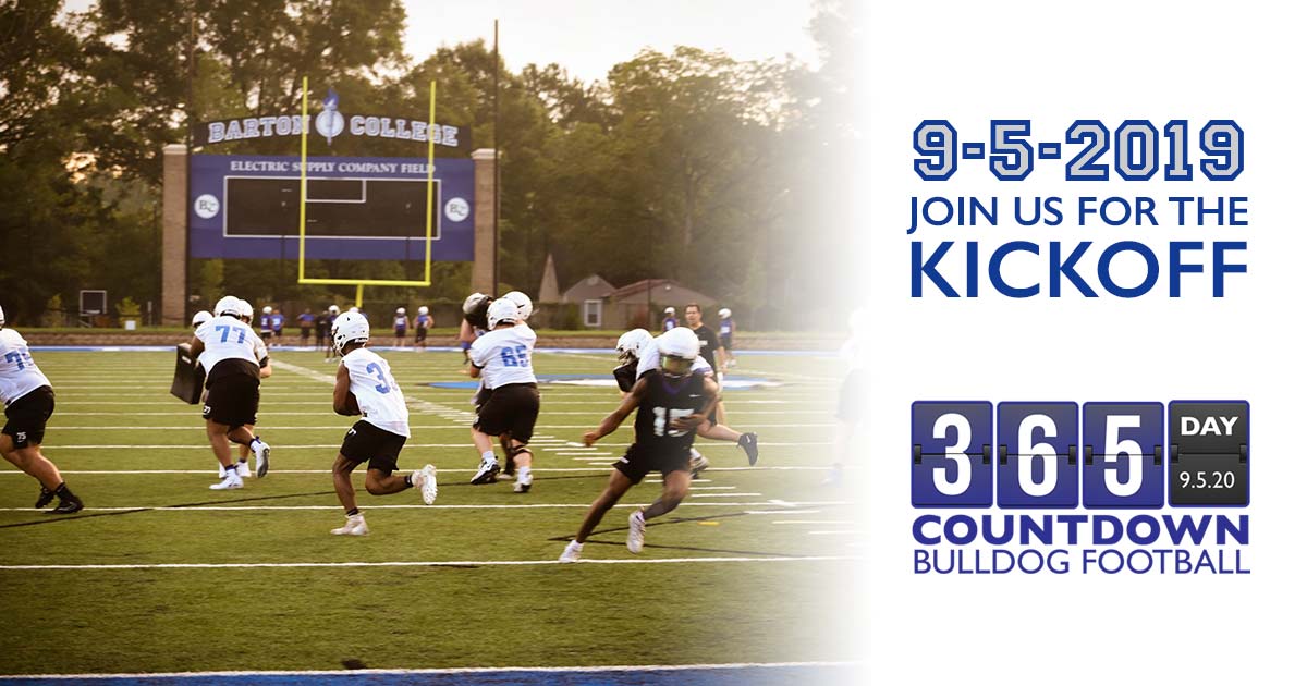 bartoncollege's tweet photo. Join us on campus at the Electric Supply Company Field on September 5, 2019, from 4:30 p.m. to 6:30 p.m. as we kickoff the 365-Day Countdown, a yearlong celebration of #BartonCollege athletes and the arrival of Bulldog football! More details to come! #BartonBold #BulldogFootball https://t.co/skq4kSO6O0