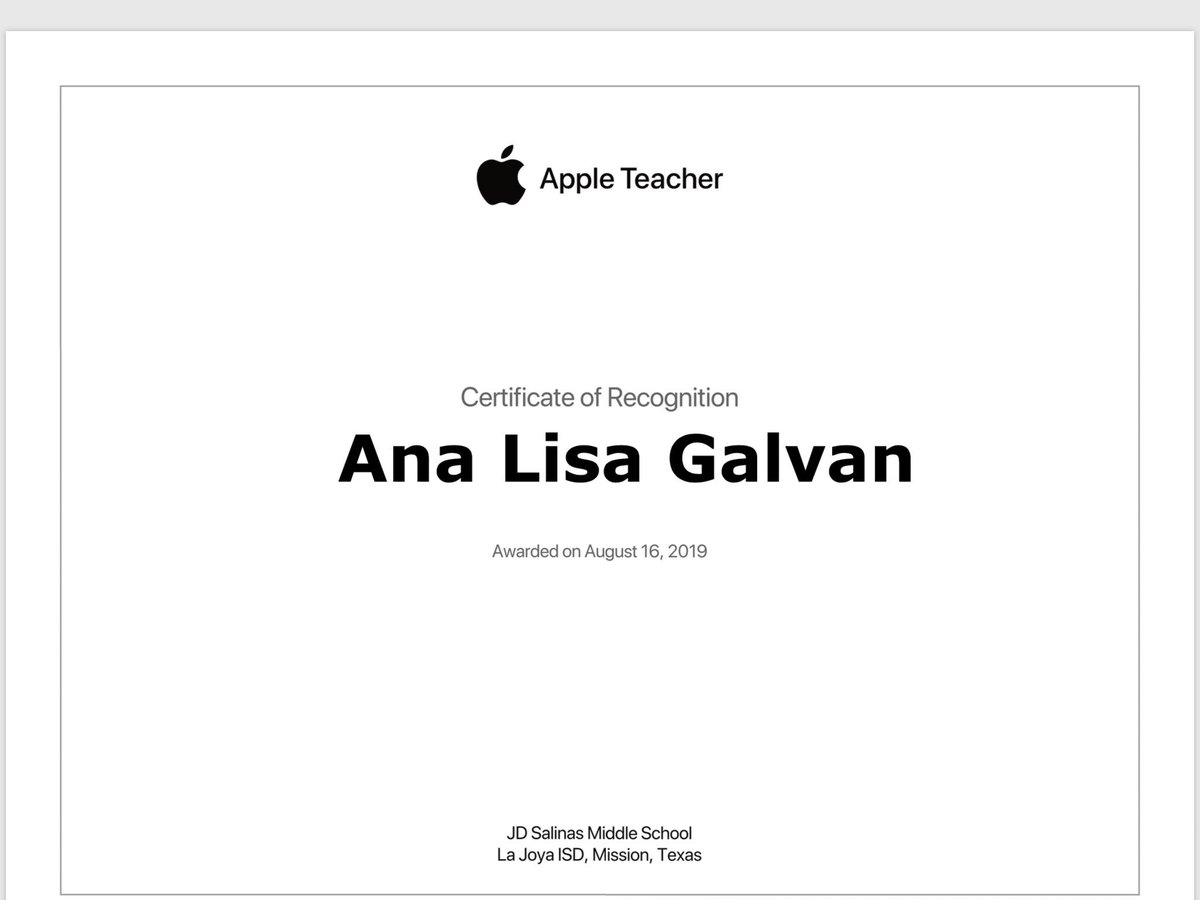 AGalvan79161952's tweet photo. Completed my Apple Teacher Certificate. 
@WEAREJD @n15ortiz @LaJoyaISDEdTech https://t.co/X2Mo1Aj3JB