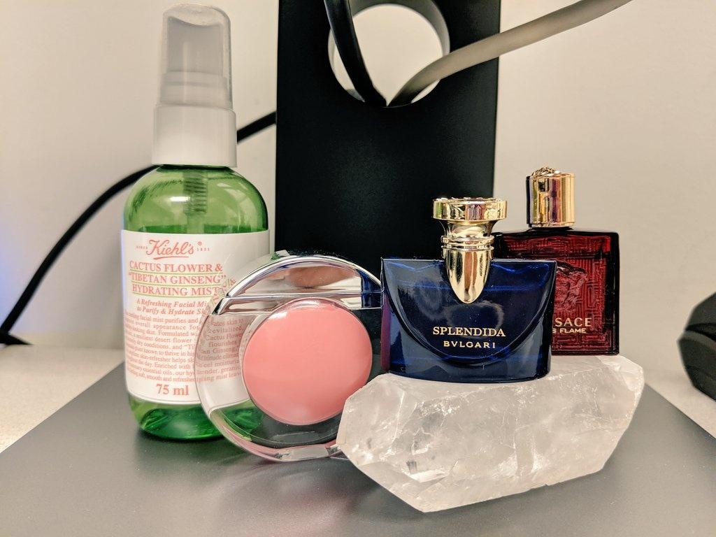 tserings's tweet photo. My work "mantel" has a new addition thanks to @davelackie π #BvlgariNeroli #VersaceEros #Kiehls #EsteeLauder #CrystalCalm https://t.co/bbEQQI9tZ9