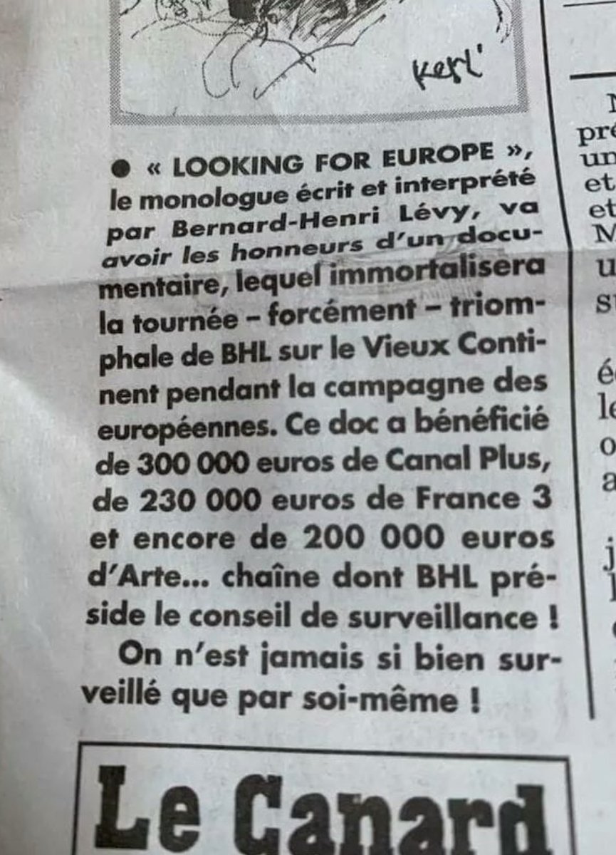 alancelin's tweet photo. 🚨 Le Canard Enchaîné révèle que la pièce de BHL vantant les mérites de l'UE et diffamant les Gilets jaunes, a bénéficié de plus de 700.000 € de subventions par les grandes chaînes françaises.
Dont 200.000 € d'Arte dont il préside le conseil de surveillance. 

#StayTuned https://t.co/vgtzAyPUg4