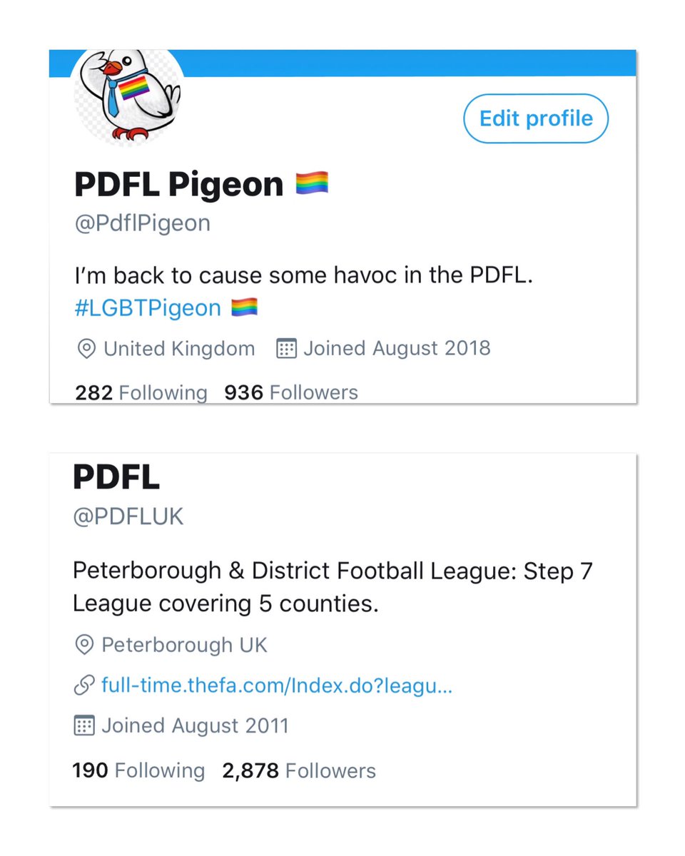 Can I get a retweet from all my followers?

Nearly up to 1000 followers, not long till I have my 1st twitter bday! Not sure how the <a href="/PDFLUK/">Peterborough & District Football League</a> has 3x more followers than us!

Trying to build the community of this great league whilst having some fun along the way. #FollowThePigeon