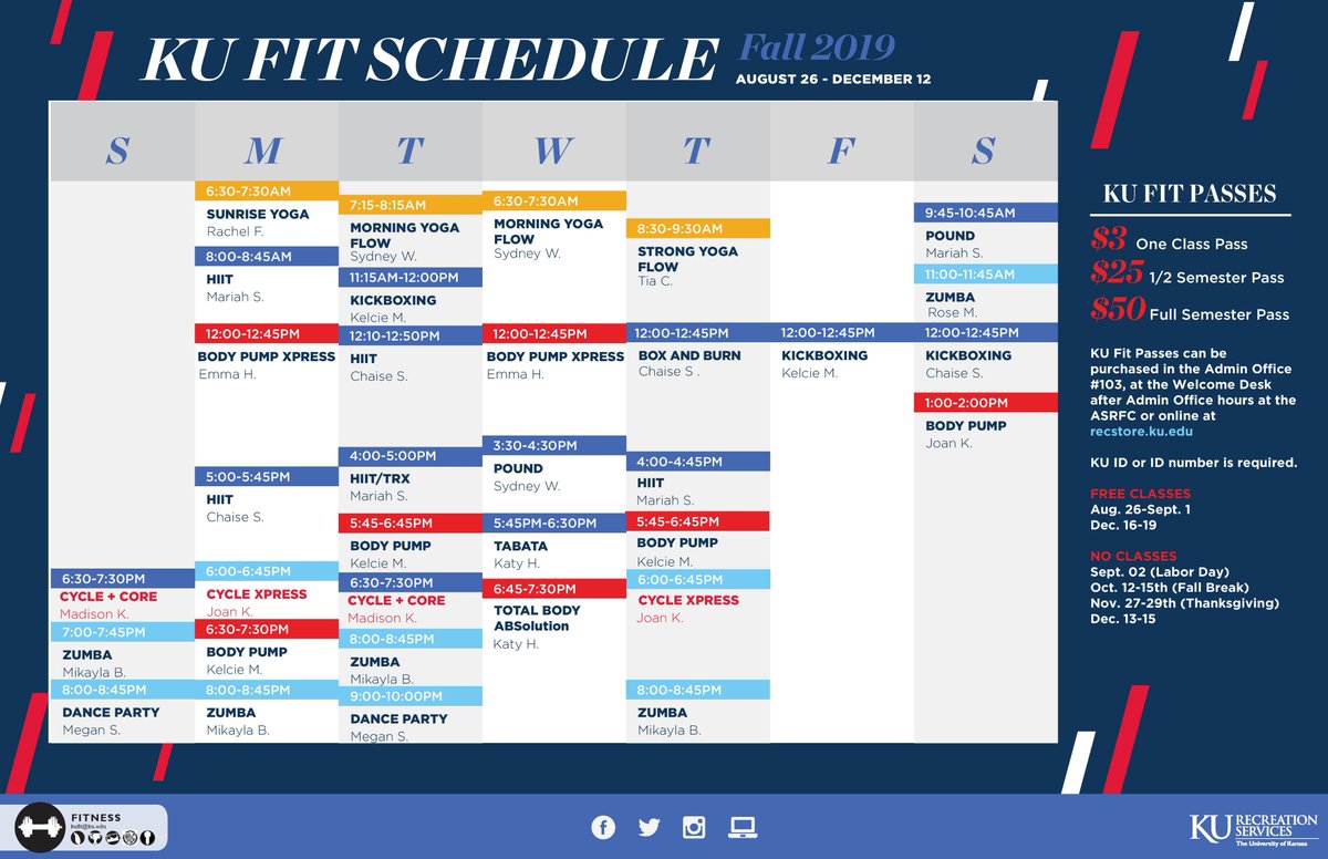 KUAmblerRec's tweet photo. The Fall 2019 #KUFit schedule is out! Take a look and decide which class you'll be dominating every week with your friends! 💪🏆 #fitness #ASRFC https://t.co/uVj9ysAnkT