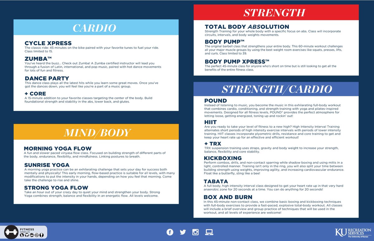 KUAmblerRec's tweet photo. The Fall 2019 #KUFit schedule is out! Take a look and decide which class you'll be dominating every week with your friends! 💪🏆 #fitness #ASRFC https://t.co/uVj9ysAnkT