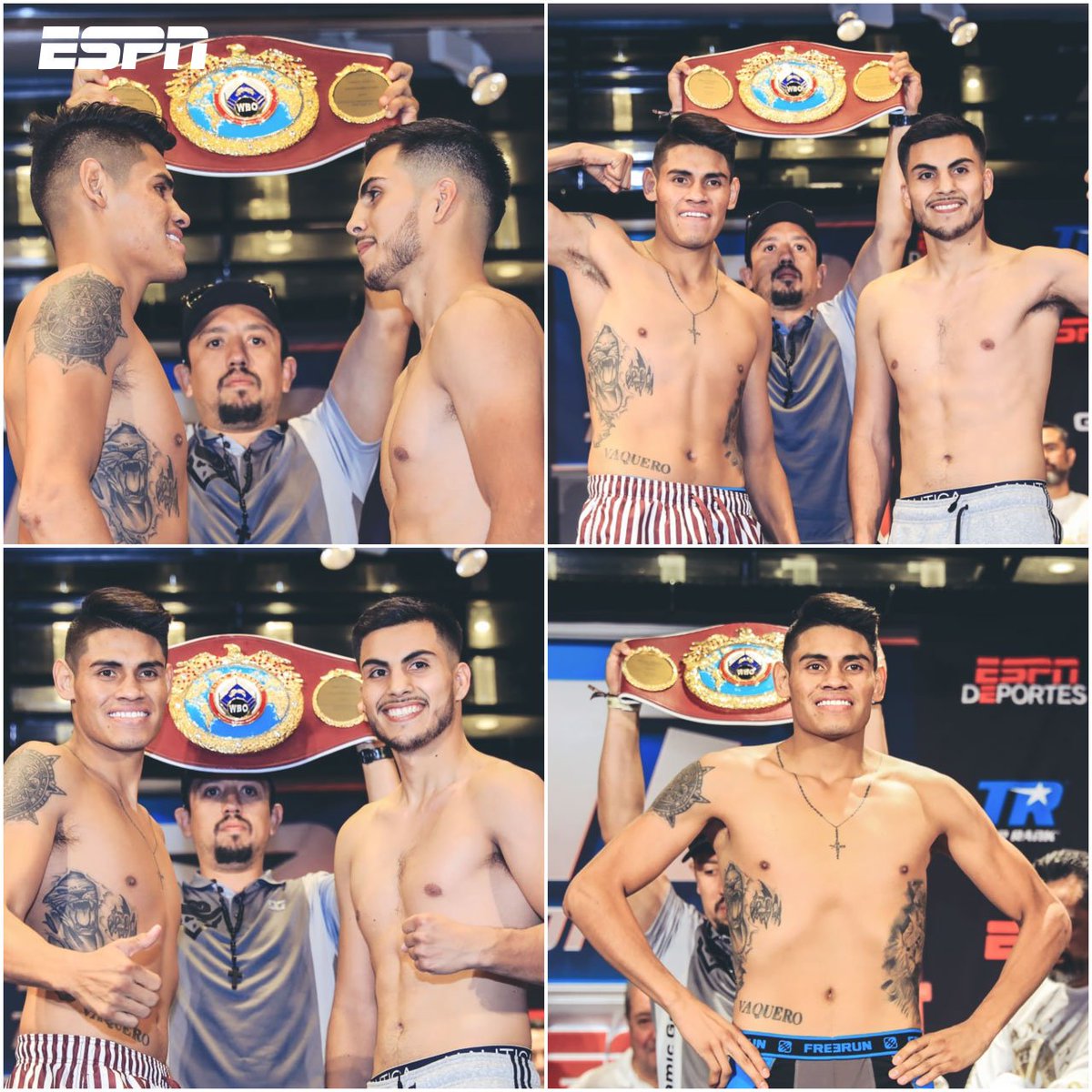 ESPNKnockOut's tweet photo. 🥊 ¡LISTOS PARA LA PELEA! 🥊
Emmanuel Navarrete y Francisco De Vaca se vieron las caras en el pesaje previo a la pelea, que se celebrará mañana por el título mundial Supergallo de la OMB.
#Navarrete 122 lb
#DeVaca 122 lb
#BOXEOxESPN
📸 @ZanferBox https://t.co/IXLh1wOLAv
