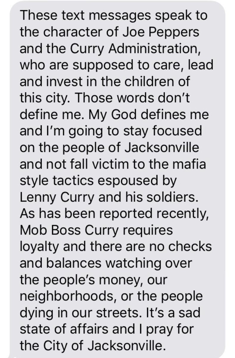 TenikkaANjax's tweet photo. .@CityofJax releases fiery text messages between Jax CAO Brian Hughes &amp; KHA CEO Joe Peppers.  Some of the texts referred to KHA/Curry critic Councilman Garrett Dennis.  Dennis sent me this statement in response tonight. https://t.co/QsShL2BzwM
