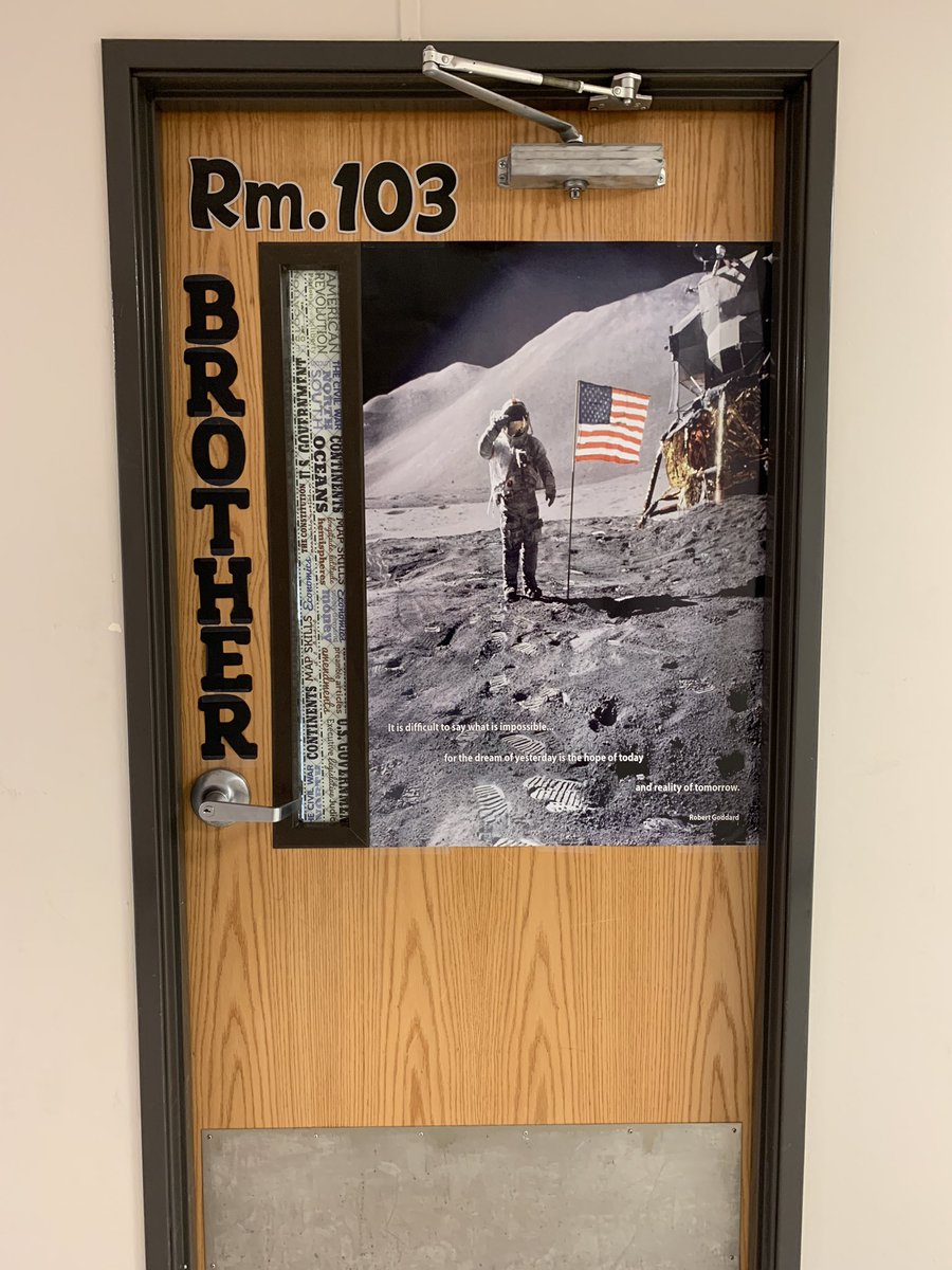 RWMartin63's tweet photo. First full week of school complete. Praying God helps me to be a positive influence &amp; help to my wonderful students. Teaching American History, Civics, World Geography &amp; Speech. Walls dedicated to each subject. Honored to be called “Brother,” as seen on my door. #centralprivate https://t.co/mauOLM5HhU
