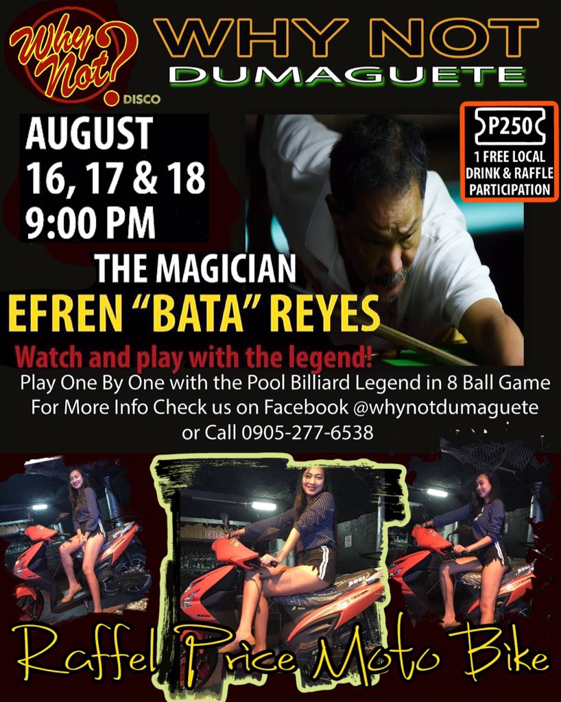 WhyNotDumaguete's tweet photo. Do you miss the 1st night w/ #EfrenBataReyes?
Wala Problema: to night &amp; Sunday @ 9PM-again…
Book your ticket now @ #WhyNotDumaguete InternetCafe (8am - 2am)
P250 w/1 #LocalDrink - #RaffleDraw on Aug18/Sun night.
SAT August 17 -9PM
SUN August 18 -9PM
#Efren
#DumaGeTmE
#Silliman https://t.co/mmX6OUSYAp