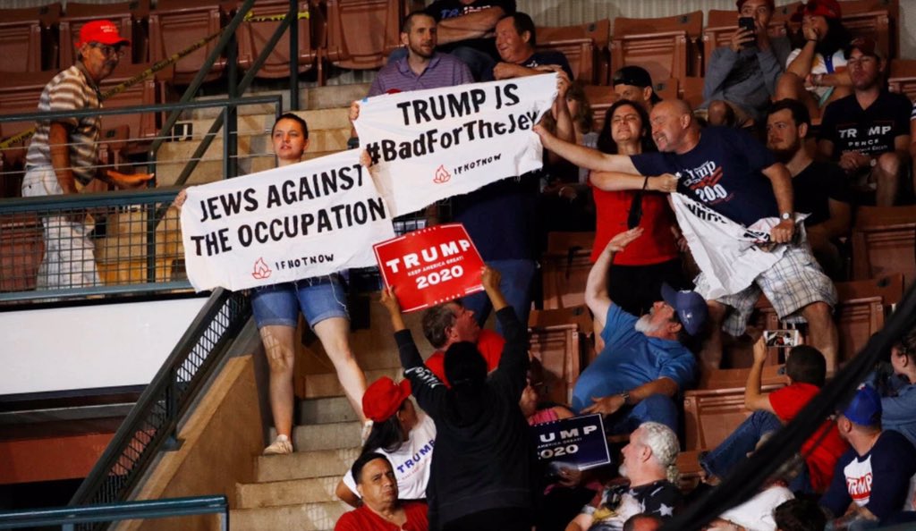 IfNotNowOrg's tweet photo. Shabbat Shalom to the IfNotNow members who put their bodies on the line to disrupt the racism, antisemitism, and fascism of a Trump rally because they know that Trump and the GOP are #BadForTheJews. https://t.co/ewtf3eeR8k