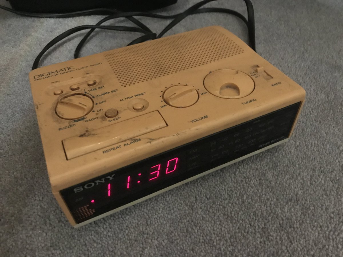 A Sony Digimatic FM/MW/LW Digital Clock Radio that used to be white but is now this kind of eerie orangey brown colour. The LCD display says the time is 11:30PM and you can’t tell from the picture but the radio is playing The Spencer Davis Group – Keep On Running.