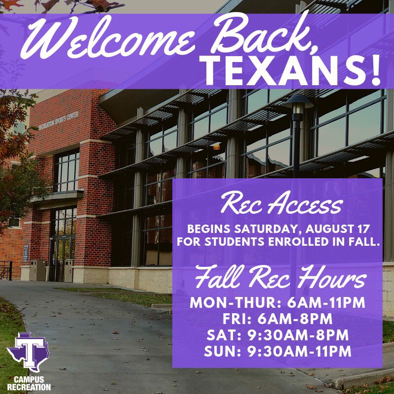 TarletonRec's tweet photo. Welcome Home, Texans! Here are the fall hours, we can’t wait to help you with your fitness goals for this new school year💜💪🏼 #tarleton2023 https://t.co/DLzZ11nPw5