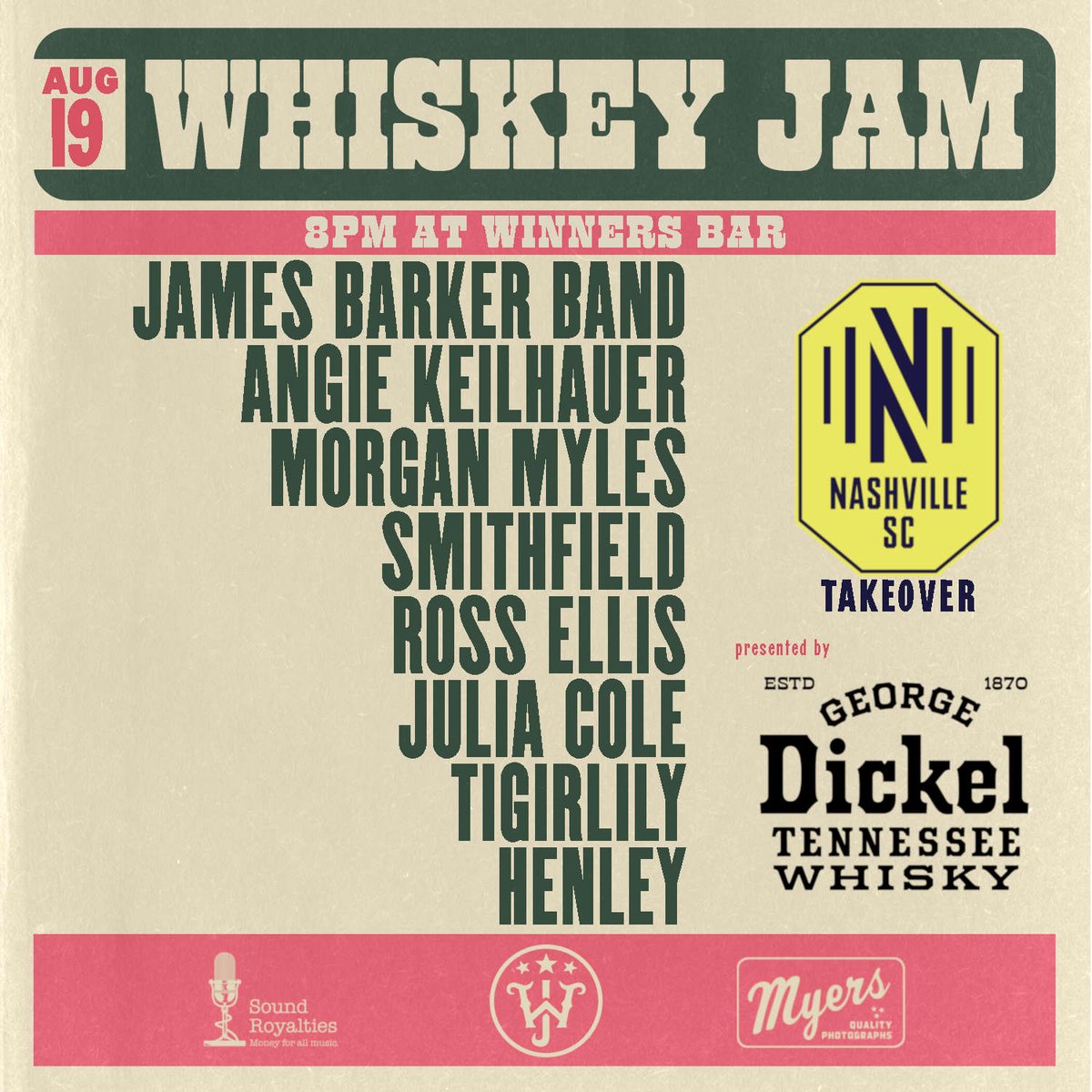 Come jam with us, Nashville. 

We're taking over <a href="/WhiskeyJam/">Whiskey Jam®</a> this Monday, August 19 at <a href="/WinnersNash/">Winners Bar & Grill</a>, and the lineup features some familiar faces for Nashville SC fans. The party starts at 8 p.m. CT on Monday. 

#BandTogetherNSC | bit.ly/2ZhFthi
