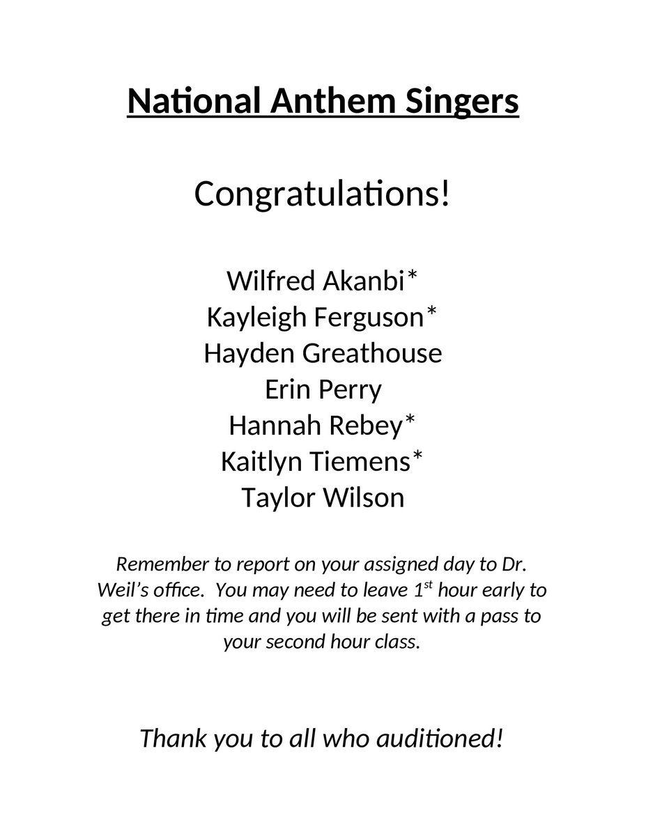 ChoirStoh's tweet photo. Thank you to all who auditioned to sing the National Anthem over the PA on Mondays at the High School.  Here are the results. https://t.co/WNB5vHv0hO