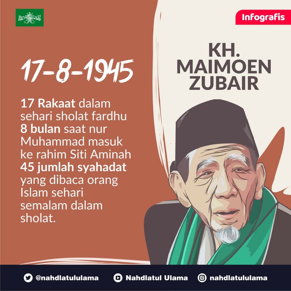 nahdlatululama's tweet photo. [INFOGRFIS] Kiai Maimoen Zubair adalah sosok yang sering kali memyampaikan makna 17-8-45. Bagi Kiai Maiomoen, angka-angka yang merujuk hari kemerdekaan Indonesia bukan semata kebetulan, tapi ada makna mendalam di balik angka-angka itu. https://t.co/nsvCsTSVIW