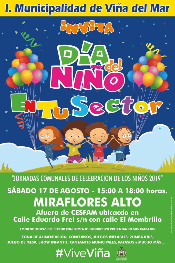 MEBVINADELMAR's tweet photo. ATENCIÓN MIRAFLORES ALTO! 
Sábado 17 Agosto desde las 15:00 hrs DÍA DEL NIÑO EN TU SECTOR 🎉 🎈 

ZUMBA KIDS,FÚTBOL TENIS, BASQUETBOL,JUEGOS INFLABLES,ZONA DE BELLEZA KIDS,TALLERES DE GUANTES A TELAR,RINCÓN DEL DIBUJO, PINTA CARITAS,ZONA DE ALIMENTACIÓN,PREMIOS Y EMPRENDEDORAS. https://t.co/BjED0btVvc