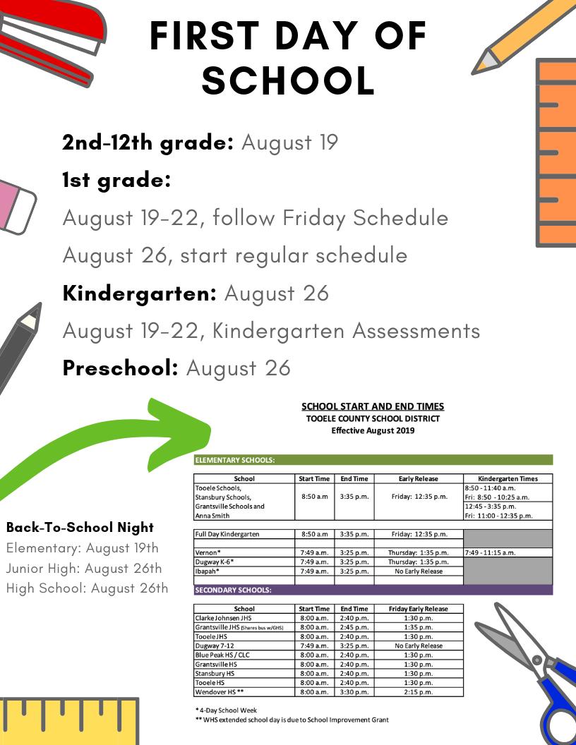 In case you forgot, the first day of school is Aug.19th. Kindergarten &amp; preschool begin Aug.26th. Need more dates/times? Go to our website tooeleschools.org and click on 'District Calendars.' See you Monday!