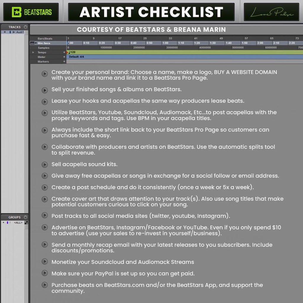 BeatStars's tweet photo. Not only is #BeatStars amazing for #Producers, #Artists can utilize the platform as well, and not just to buy beats.
What else can an artist do on @BeatStars?
Well, we decided to create an artist checklist for using @beatstars with @itsbreanamarin π―
#BeatStarsTips https://t.co/RpyFQrzsmy