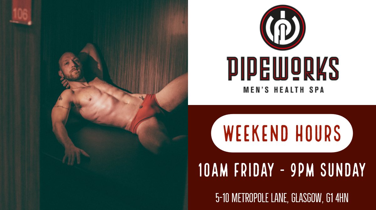 PipeworksGLW's tweet photo. #ThePipeworksGlasgow #Pipeworks #GaySauna #HealthClub #AllMenSauna #Glasgow #Glasgay #HealthSpa #LGBTQ #Steamroom #Jacuzzi #placetobe #Relax #Enjoy #ThePipeworks1 #TheWeekendsHere #FriYAY #FridaySaturdaySunday #Funtime  #24Hours #AllNight #VisitUs #Saturday #Sunday #Friday https://t.co/F19fXijaPM