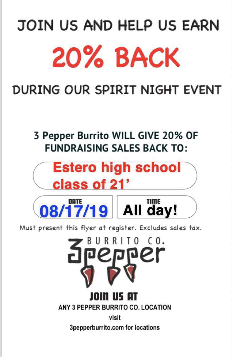 esteroclassof21's tweet photo. Tomorrow come support the junior class at three pepper! @EsteroHS https://t.co/uIBehddf3E