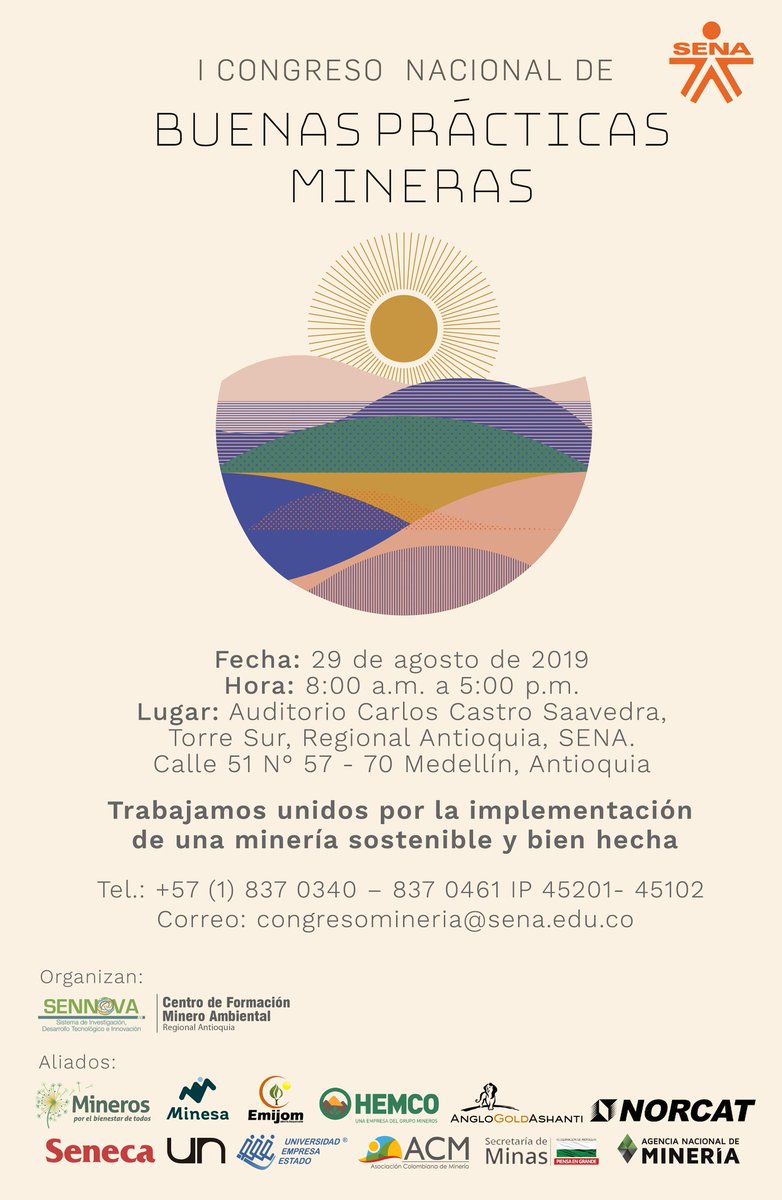 JAIROLEONZAPATA's tweet photo. 🌍 @SENA_Antioquia y el Centro de Formación Minero Ambiental invitan a la comunidad minera a participar del I Congreso Nacional de Buenas Prácticas Mineras, el 29 de agosto en la ciudad de Medellín.
👷‍♀️👩‍🔧👨‍🔬
Te esperamos!
#LoQueNosUne #SENA
@teorendono @SENAComunica https://t.co/LtA1bNGQ6x