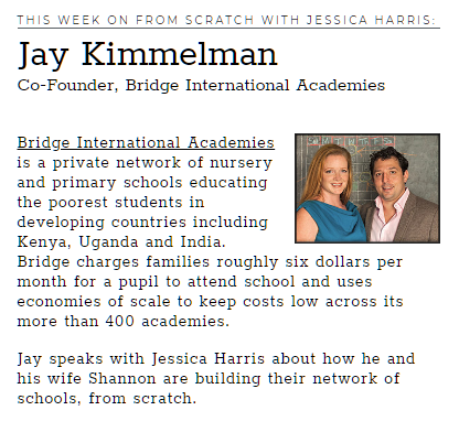 .<a href="/BridgeIntlAcads/">Bridge</a> operates primary schools in developing countries for roughly $6/mo. Meet co-founder, Jay Kimmelman bit.ly/1dcjhIY