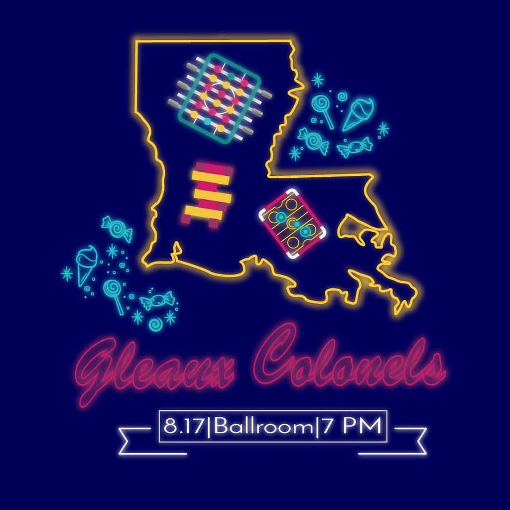 nicholls_spa's tweet photo. What other way to kick off the school year with our event partnered with Auxiliary Services!! Be in the Ballroom on Saturday for our Glow Arcade from 7-9 PM and for loads of fun! #gleauxcolonels #nichollsspa #colonelfest https://t.co/ztgJL267hB