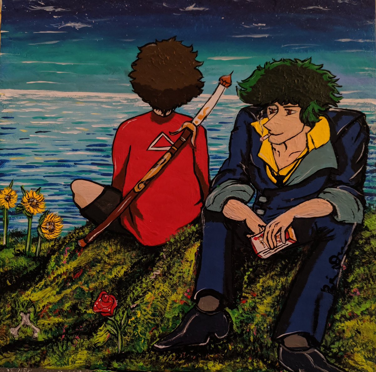 SArtdorable's tweet photo. This one is a tribute to @blumspew. Who brought two of my favorite characters to life and pretty much voiced my childhood hahaha. There's also a hidden tribute to Toonami in there. Enjoy, and see you Space Cowboy. #CowboyBebop #samuraichamploo #Mugen #spikespiegel #fanart https://t.co/3xQgEiGgpS