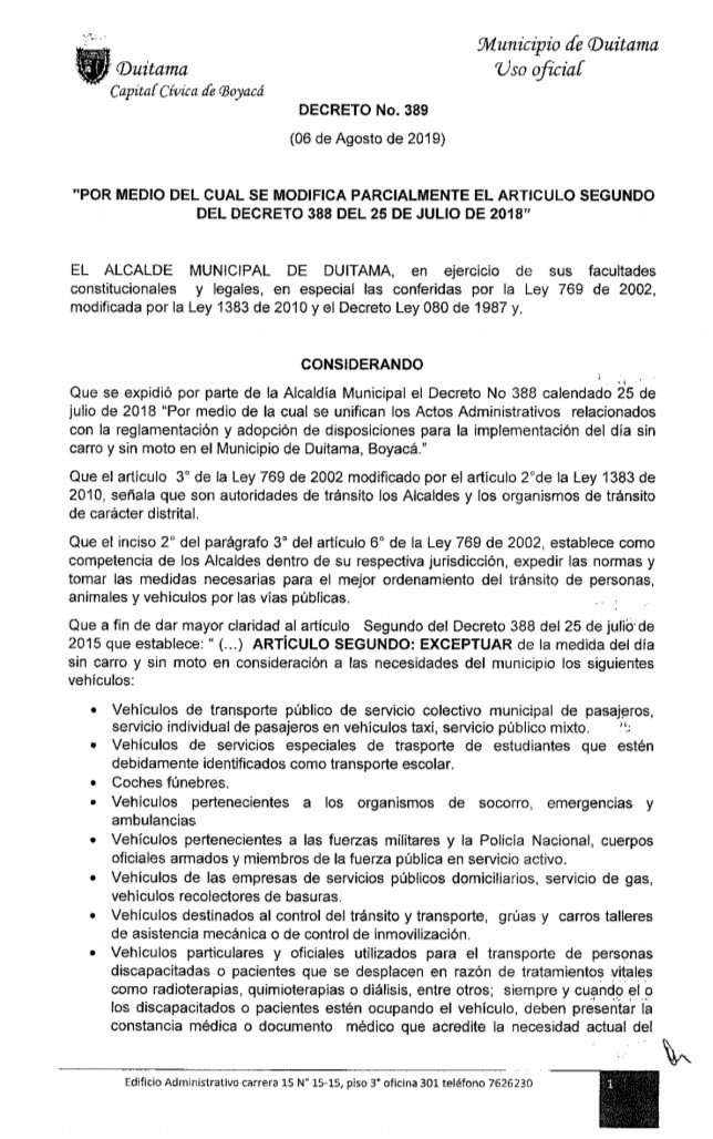 TransitoDuitama's tweet photo. Decreto 389 del 6 de agosto de 2019 el cual modifica y hace aclaración sobre los vehículos de servicio público de carga (placa blanca), que pueden circular por las vías municipales el próximo miércoles 21 de agosto de 2019-día sin carro y sin moto Duitama 2019. https://t.co/VMI2LAXWhF