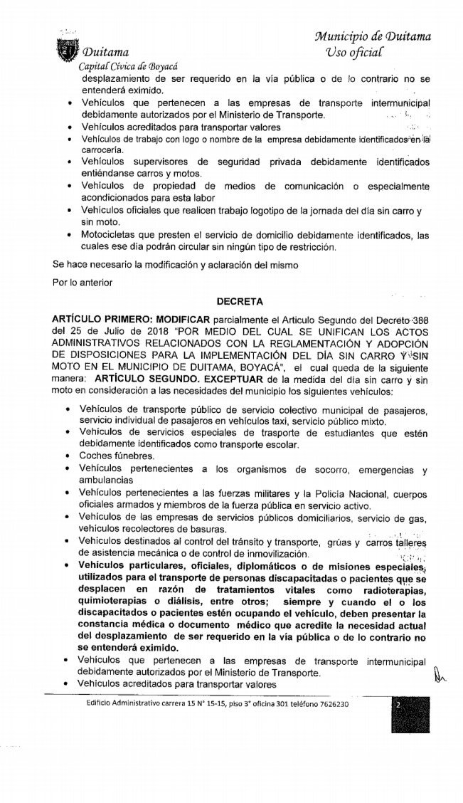 TransitoDuitama's tweet photo. Decreto 389 del 6 de agosto de 2019 el cual modifica y hace aclaración sobre los vehículos de servicio público de carga (placa blanca), que pueden circular por las vías municipales el próximo miércoles 21 de agosto de 2019-día sin carro y sin moto Duitama 2019. https://t.co/VMI2LAXWhF