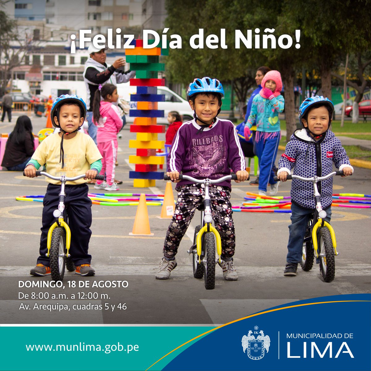 GMU_Lima's tweet photo. ¡Ven a celebrar el #DíaDelNiño en la ciclovía recreativa de la avenida Arequipa! Te esperamos con nuestros talleres de #SinRueditas en la cuadra 4 y 46 a partir de las 8:00 a.m. https://t.co/5Wy3KmTCX7