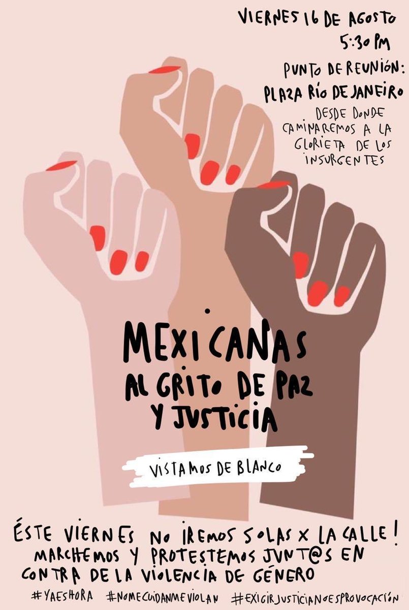 GladisLopezB's tweet photo. En desarrollo la  marcha blanca en #CDMX este viernes. Queremos sentir seguras a las mujeres en México. 
#MexicanasAlGritoDePazYJusticia, contra todas las formas de violencia de género. #Rt #YaEsHora #NoMeCuidanMeViolan #ExigirJusticiaNoEsProvocación https://t.co/qFbMx3HKrQ