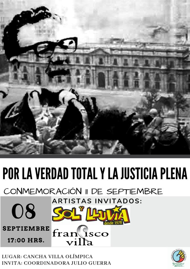 Desde la <a href="/coordJGuerra/">Coordinadora Parque Julio Guerra</a> les queremos invitar al Acto por la Memoria a realizarse el día 8 de Septiembre, desde las 17:00 hrs. en la Villa Olímpica, #Ñuñoa.

Contaremos con la presencia de artistas como <a href="/solylluvia/">Sol y Lluvia</a> y <a href="/FcoVillaTrova/">Francisco Villa</a>.

Les esperamos. pic.x.com/od4CZY5fIb