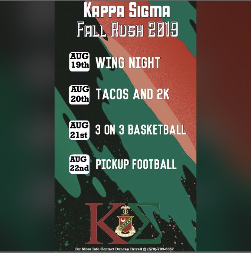 Looking forward to Fall Rush! Meet at the house for all events at 6:00 PM. The skeet shoot at Selwood on Aug. 19th has been cancelled and replaced with Wing Night. For anymore questions or information, contact Duncan Farrell. #RushKappaSigma