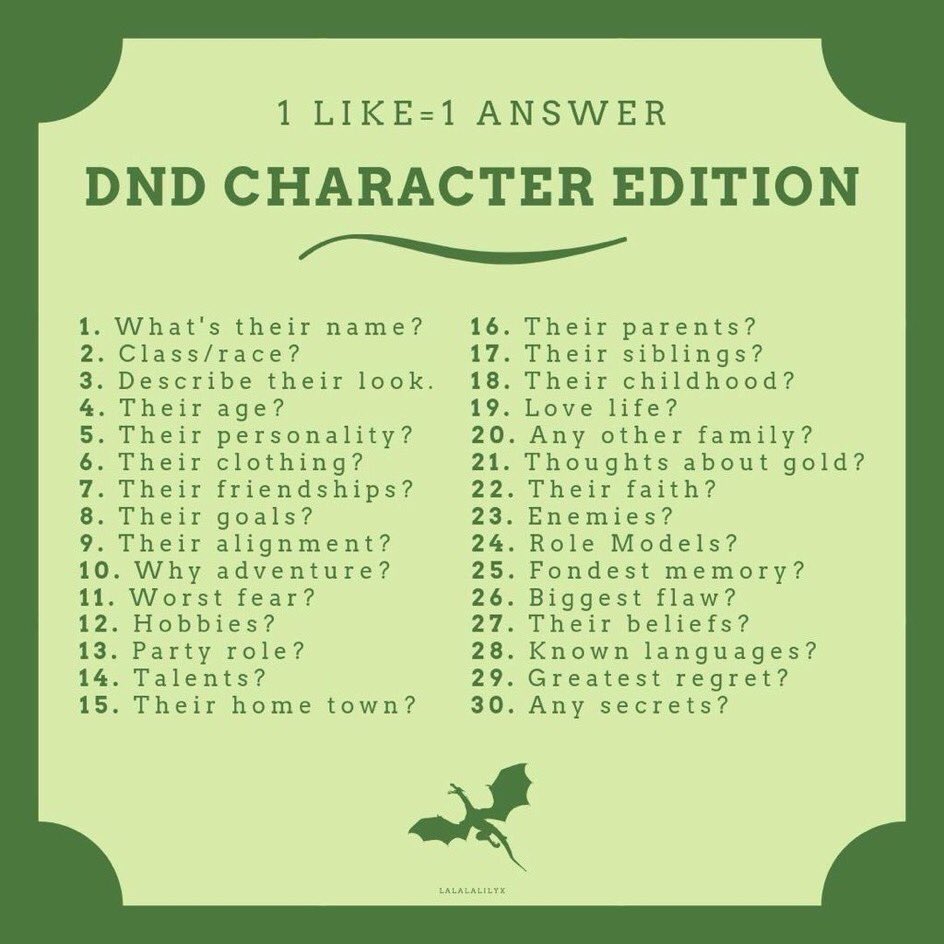 melplowright's tweet photo. This looks like fun! For each like on this post I'll answer one of these questions about my #DragonSlayOut character 😊
#DnD #OneLikeOneAnswer https://t.co/8eUvqnOgs1