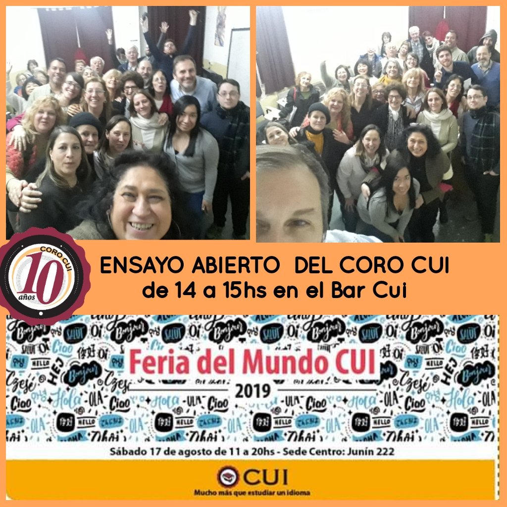 COROCUI's tweet photo. ❤SABADO 17/08 de 14 a 15hs ENSAYO ABIERTO DEL #CoroCui en la #FeriaDelMundoCui2019
❤ESTAN TODOS INVITADOS!!!
Los esperamos en:
➡️En el #BarCui de @CUI_oficial Junin 222 CABA
#VeniteAlCui
#CantamosEnTodosLosIdiomas
#ViajeMusical https://t.co/2qGFQ5I7KM