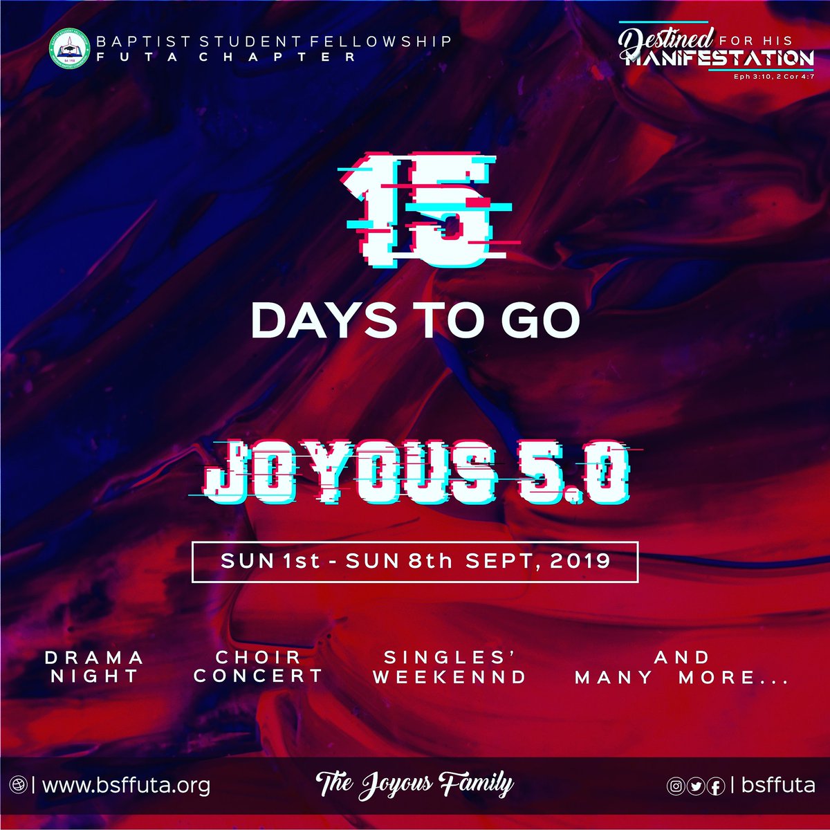 bsffuta's tweet photo. The BIG EVENT of the year is just 15 days away, get ready for a wonderful experience... 
#Joyous5 #Joyous2019

#joyousfamily https://t.co/tqdKewnBsQ