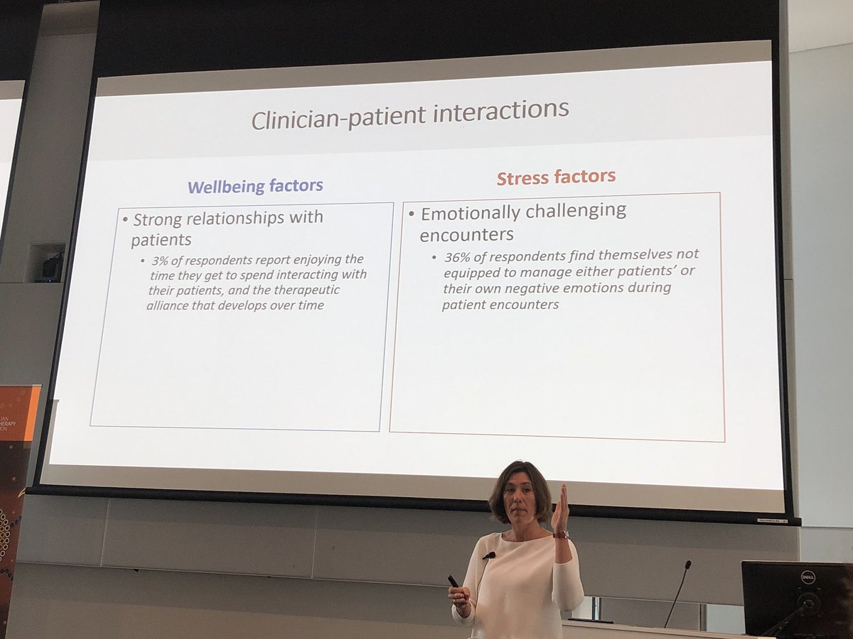 AndreaBMosler's tweet photo. How well are our Physiotherapy schools training us to manage patient’s emotions or regulate our own? Not very well at all says Dr Claire Ashton-James! Terrific presentation on clinician burnout @apaphysio https://t.co/G31VMV7w5z