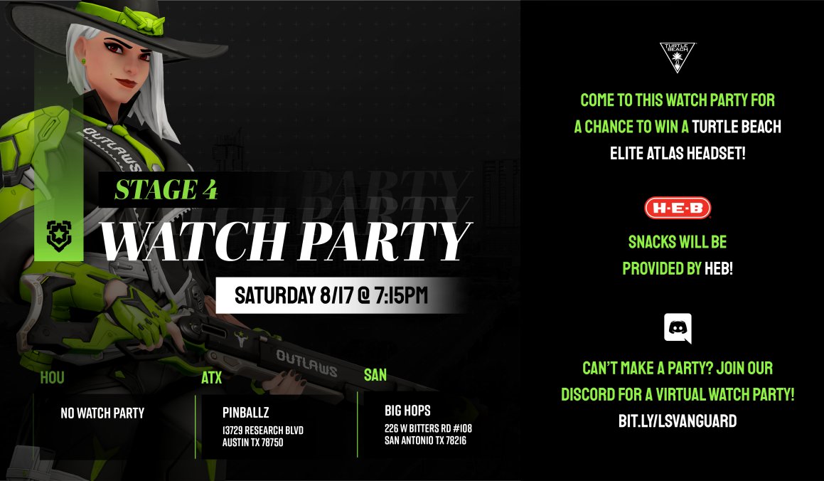 Time to finish strong! 

Austin &amp; San Antonio catch the final <a href="/Outlaws/">Outlaws</a> watch party this season powered by <a href="/TurtleBeach/">Turtle Beach</a> and <a href="/HEB/">H-E-B</a> at 7:15PM tomorrow.

See you soon, Vanguard.
#AnteUp #BandTogether #LSV